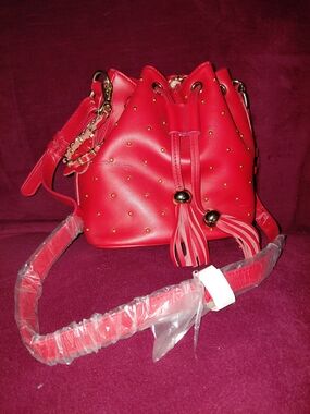 Red Studded Drawstring Bucket Bag - Women